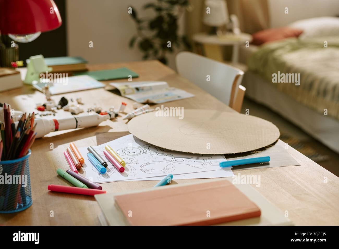 Child Bedroom Desk with Space Drawing and Creative Learning Setup Stock Photo