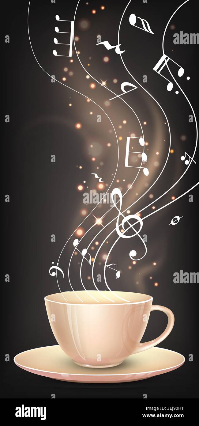 Warm coffee cup steams with musical notes Stock Vector