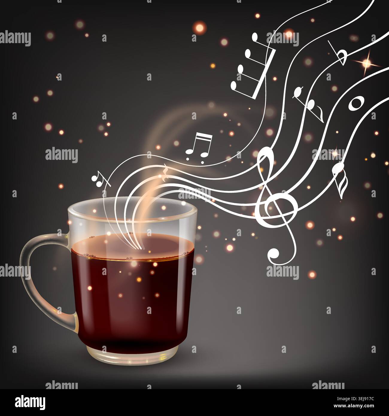 Warm coffee steams gently, with music notes Stock Vector