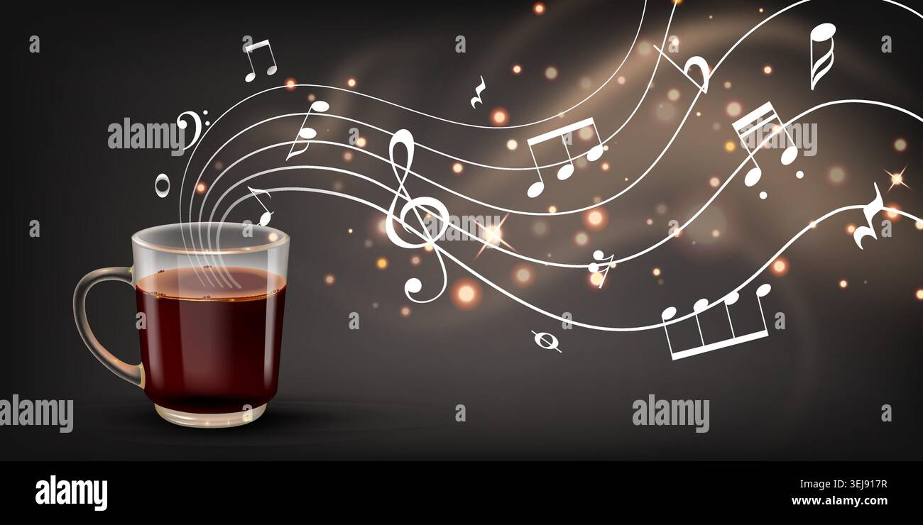 Dark cup steams softly beside glowing musical note Stock Vector