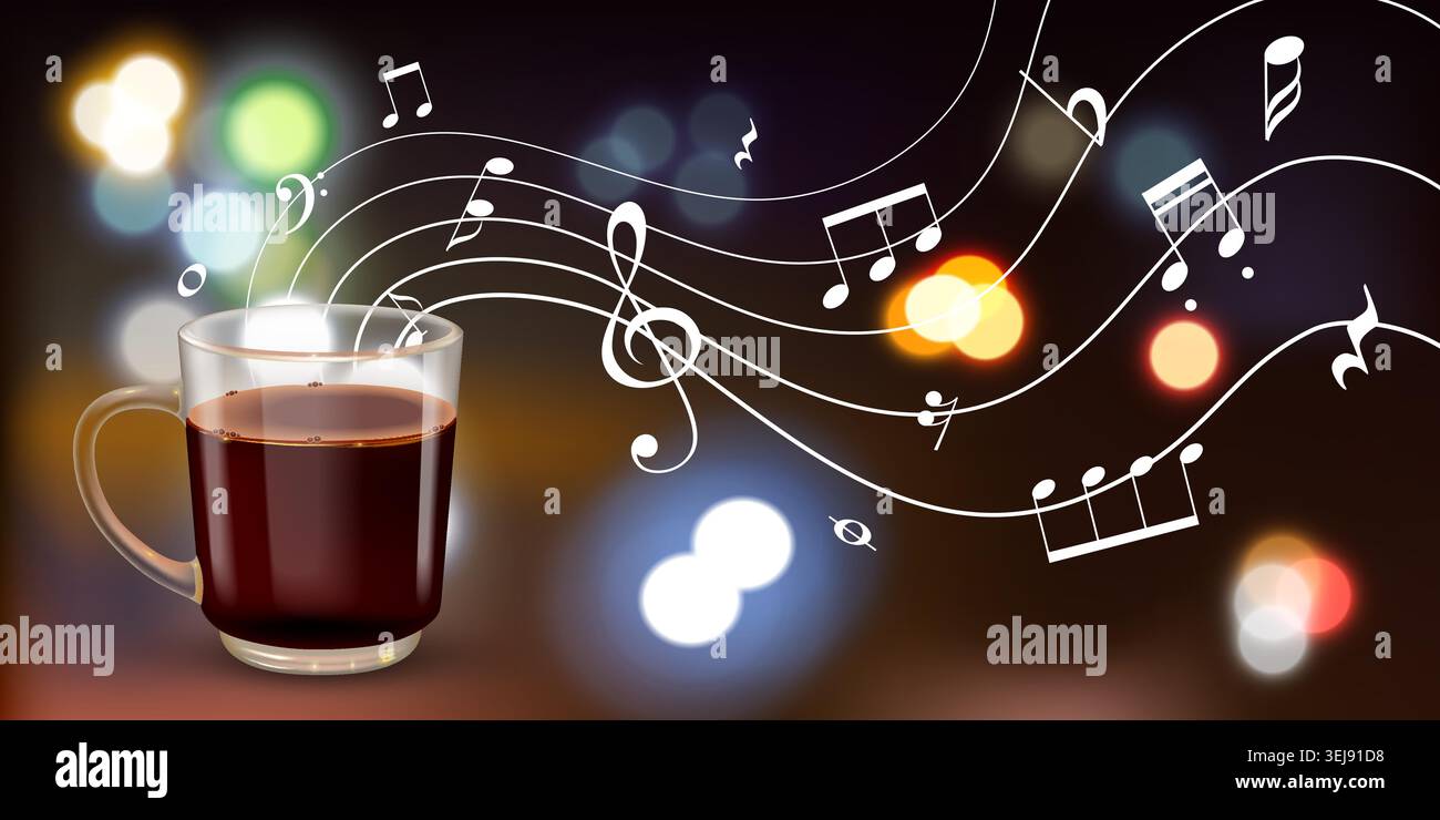 Warm coffee steams beside musical notes swirling Stock Vector