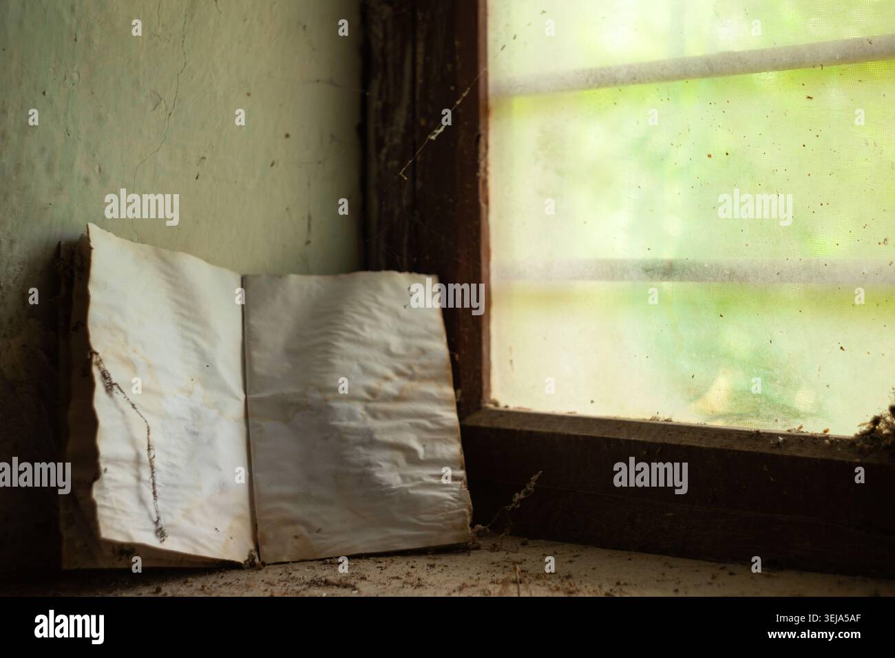 An old, weathered notebook with blank, stained pages lies open on a dusty surface next to a window pane covered with a screen mesh. Stock Photo