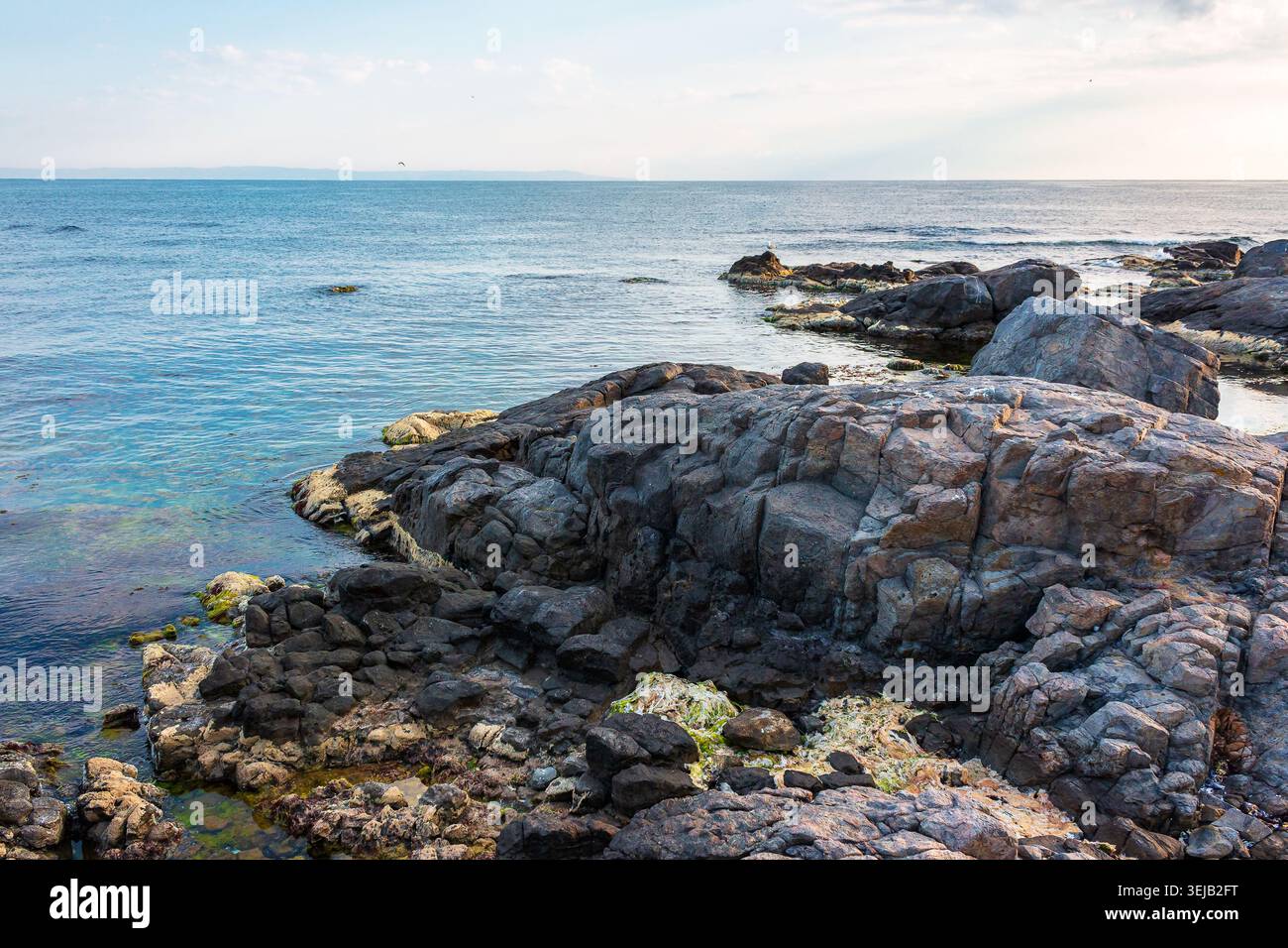 sea coast with stones and rocks. summer vacation background. seascape in the morning light. relaxing at the sea. coast of bulgaria Stock Photo