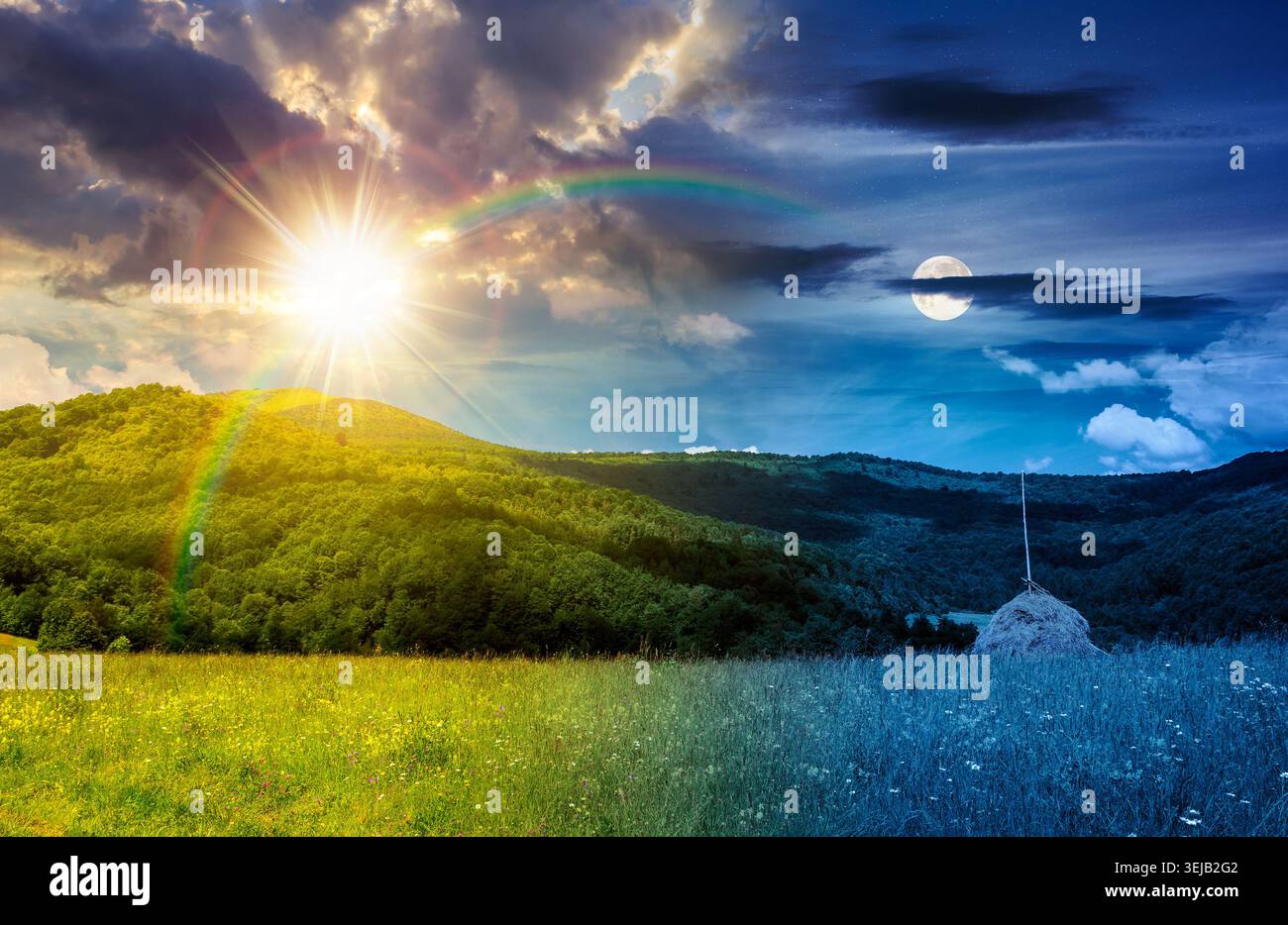 rural fields near mountain in summertime. day meet night. beautiful view of agricultural area. sun and moon in harmony over gorgeous mountain ridge wi Stock Photo