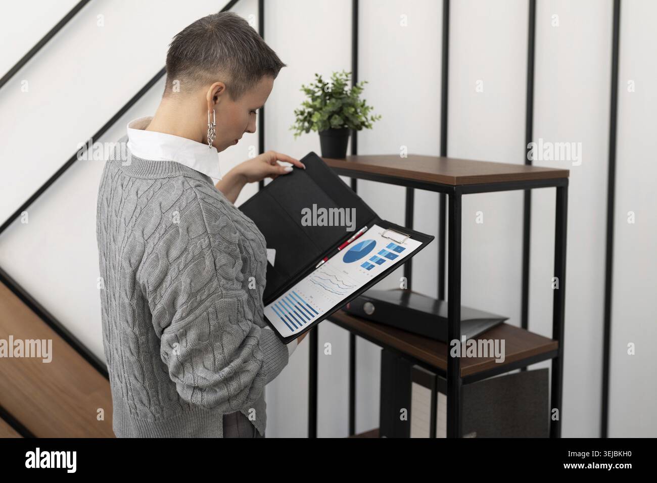 Woman checking documents in a folder in a stylish office Stock Photo