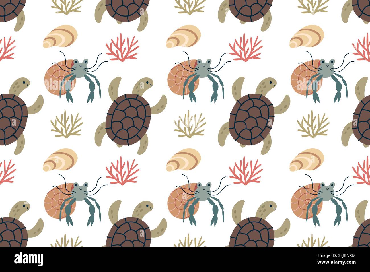 Cute Sea Turtle and Hermit Crab Seamless Pattern Vector illustration Stock Vector