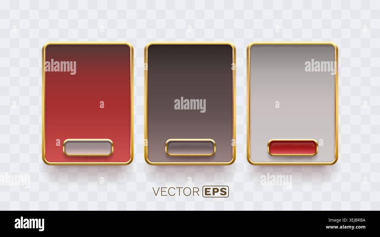 Modern blank rectangular frames with golden borders and buttons, ideal for UI elements or labels. Vector illustration. Stock Vector