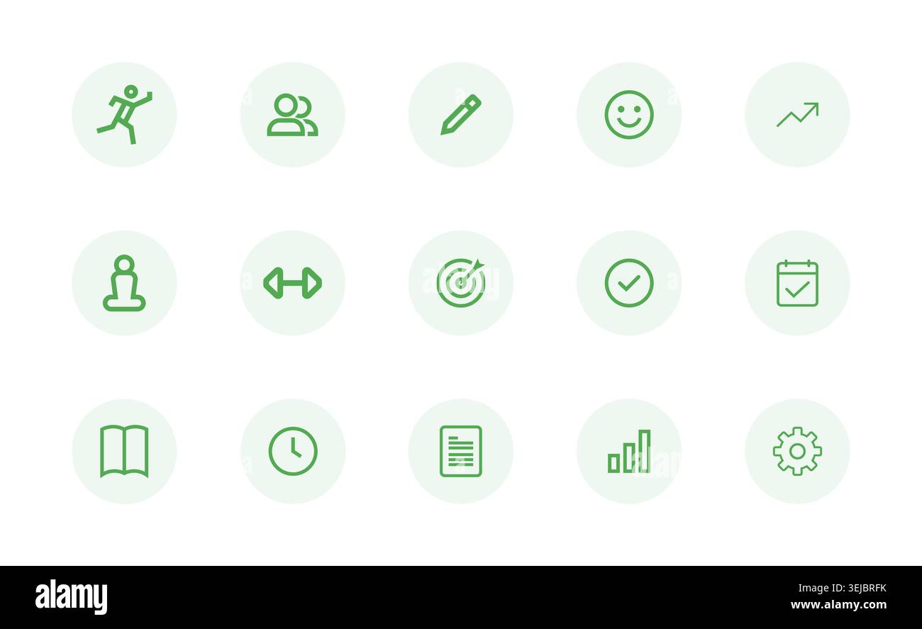 Minimal green wellness and productivity line icon set featuring meditation, people, pencil, smile, growth chart, fitness, target, checklist, calendar, Stock Vector