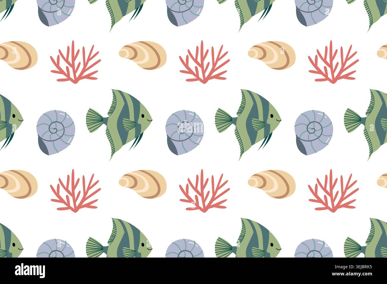 Cute Angelfish and Seashell Seamless Pattern Vector illustration Stock Vector