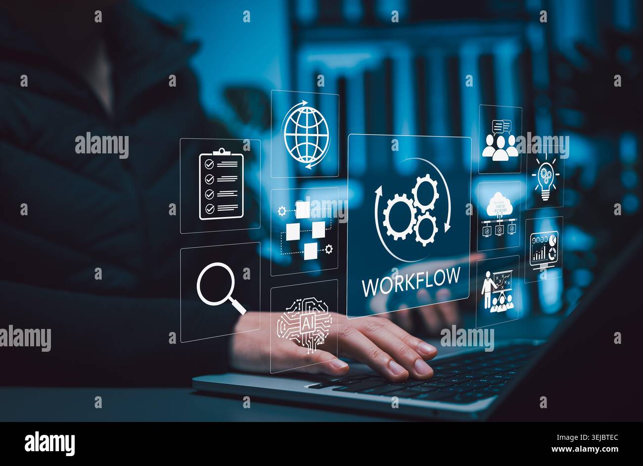Workflow automation and business process management concept. process gears, AI, checklist, search, team, and analytics icons for business efficiency Stock Photo
