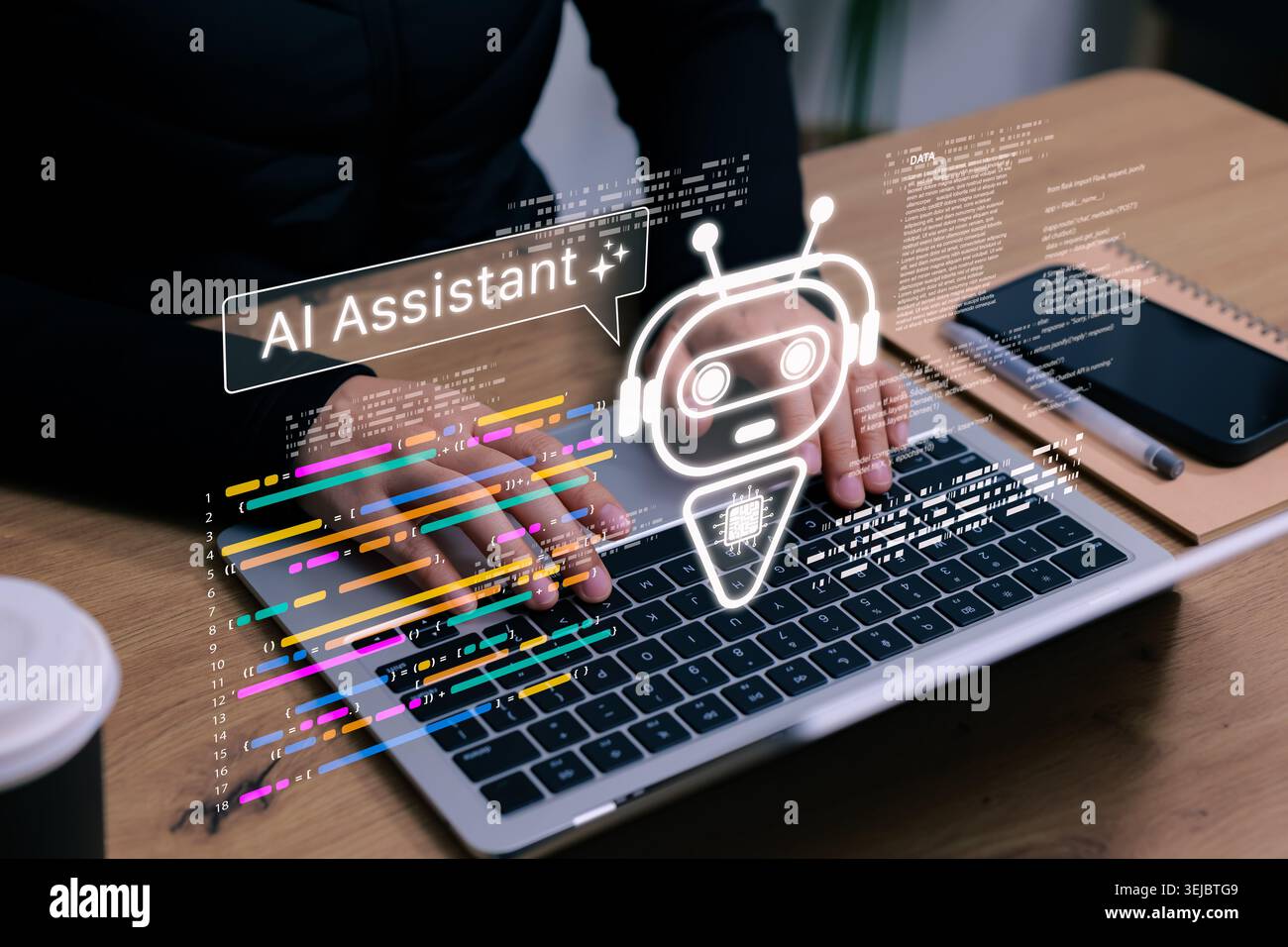 AI assistant coding automation and software development concept. Programmer using laptop with chatbot, programming code, data panels Stock Photo