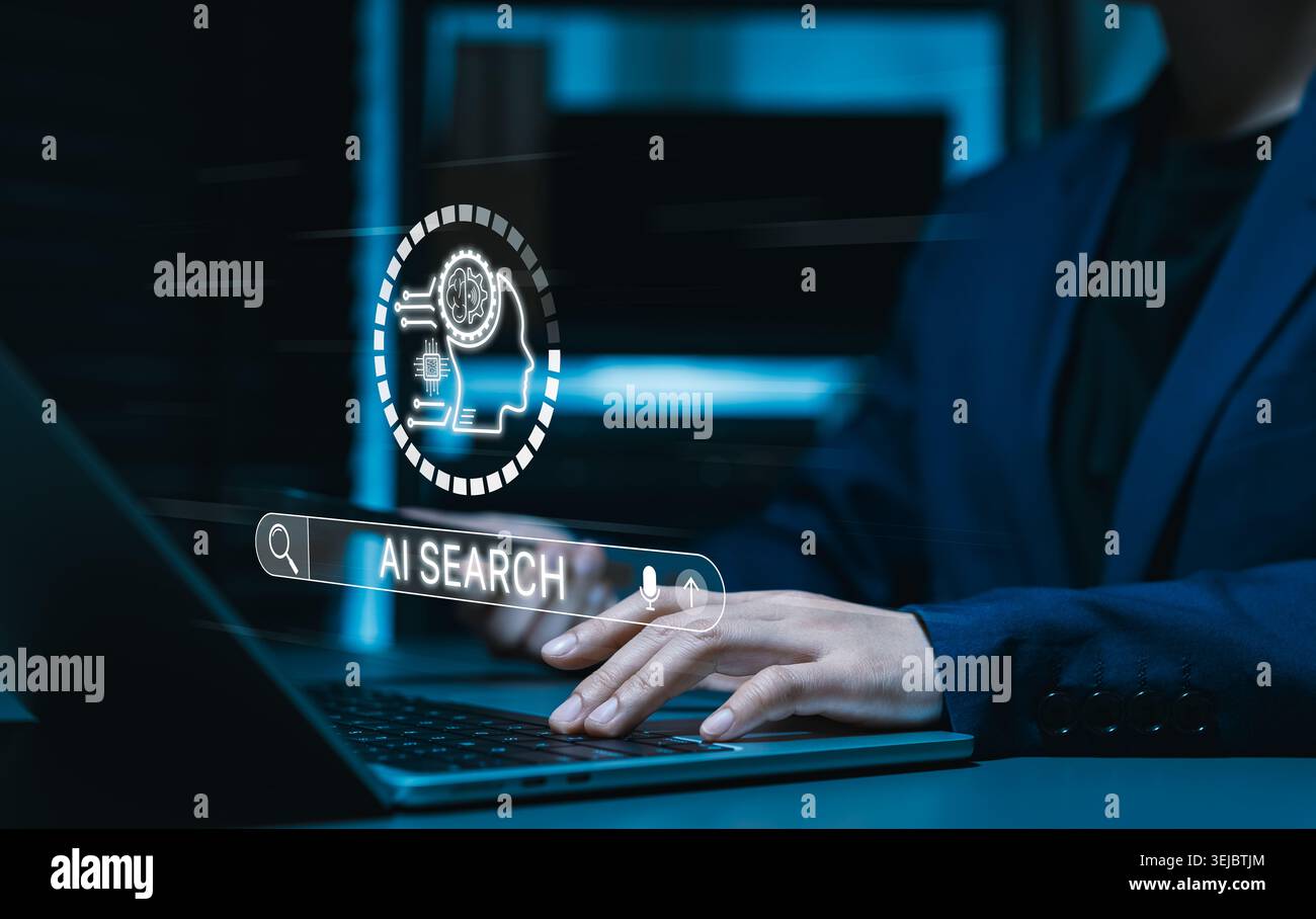 AI Search Engine Technology Concept. Woman use smartphone and laptop with AI search bar interface representing artificial intelligence search tech Stock Photo