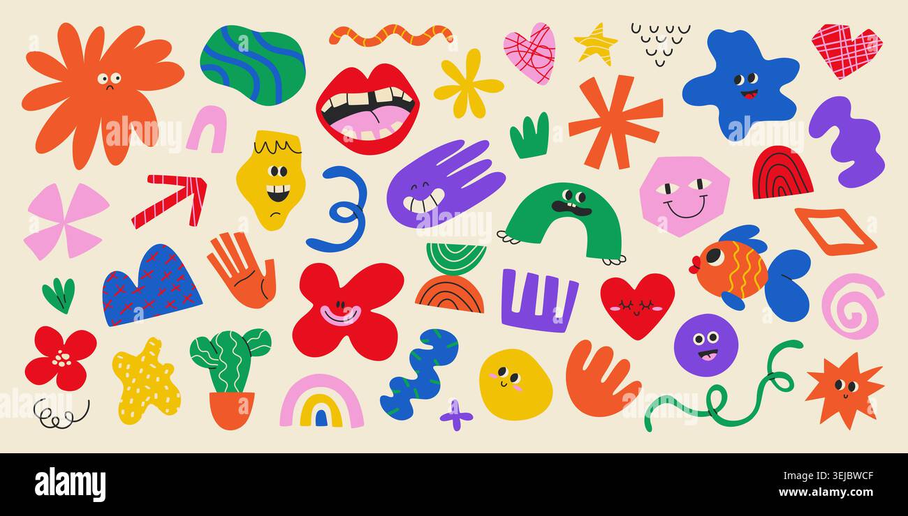 Funky naive art set. Doodle illustrations. Vector. Stock Vector