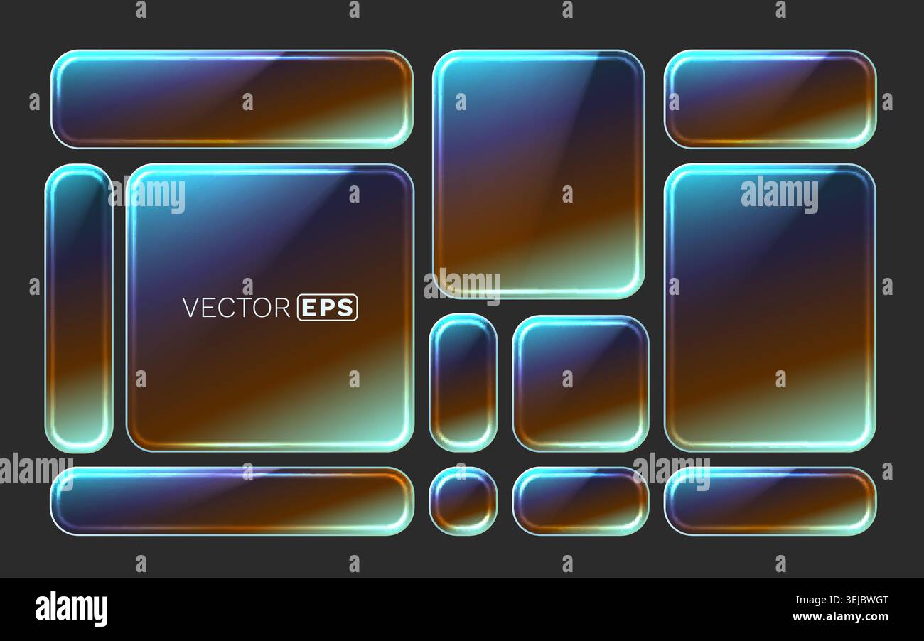 Abstract glossy neon UI buttons and frames. Colorful futuristic elements for web and app design. Vector illustration. Stock Vector