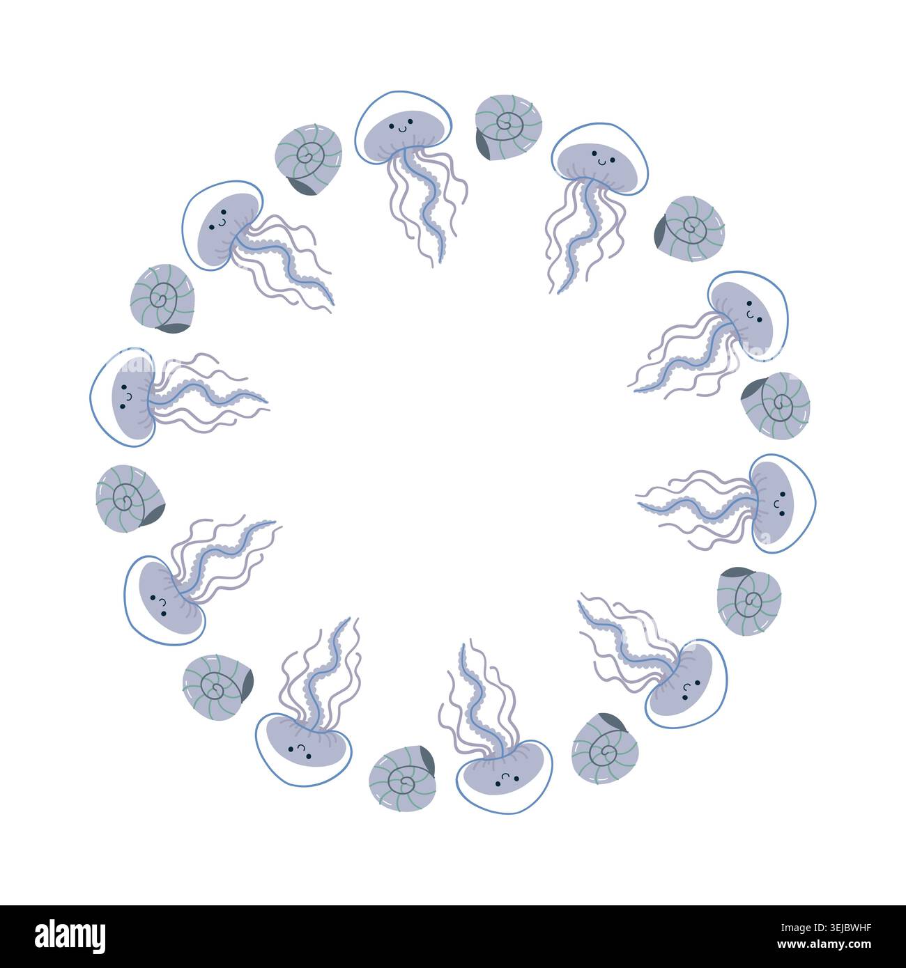 Cute Jellyfish and Seashell Round Frame Vector illustration Stock Vector