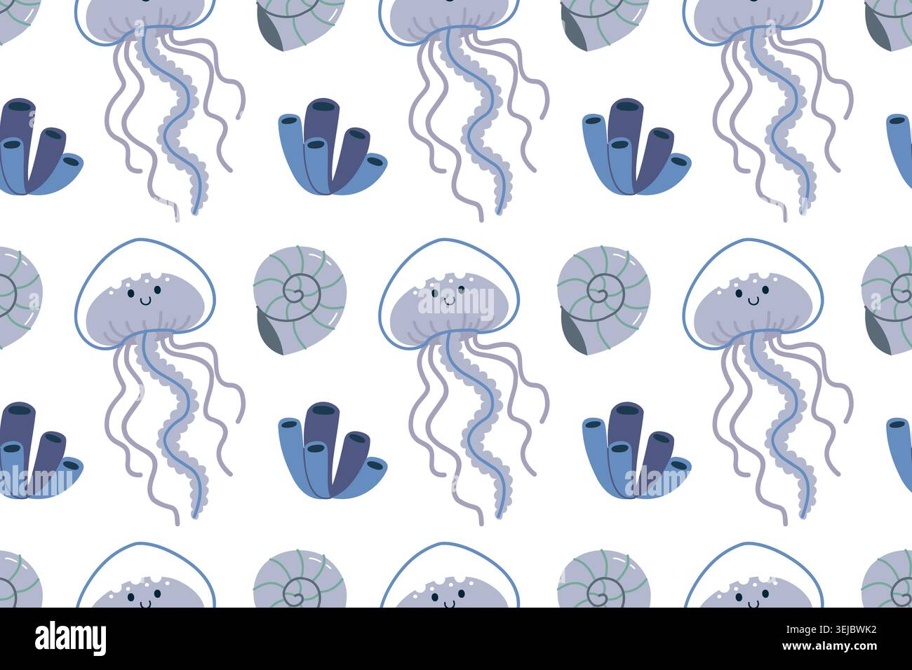Cute Jellyfish and Seashell Seamless Pattern Vector Illustration Stock Vector