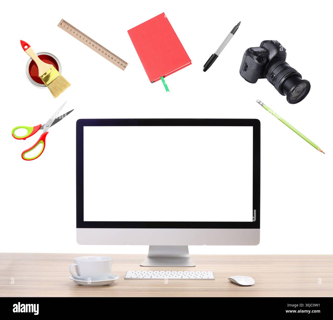 Web design tools flying around computer. Creative designer workspace Stock Photo