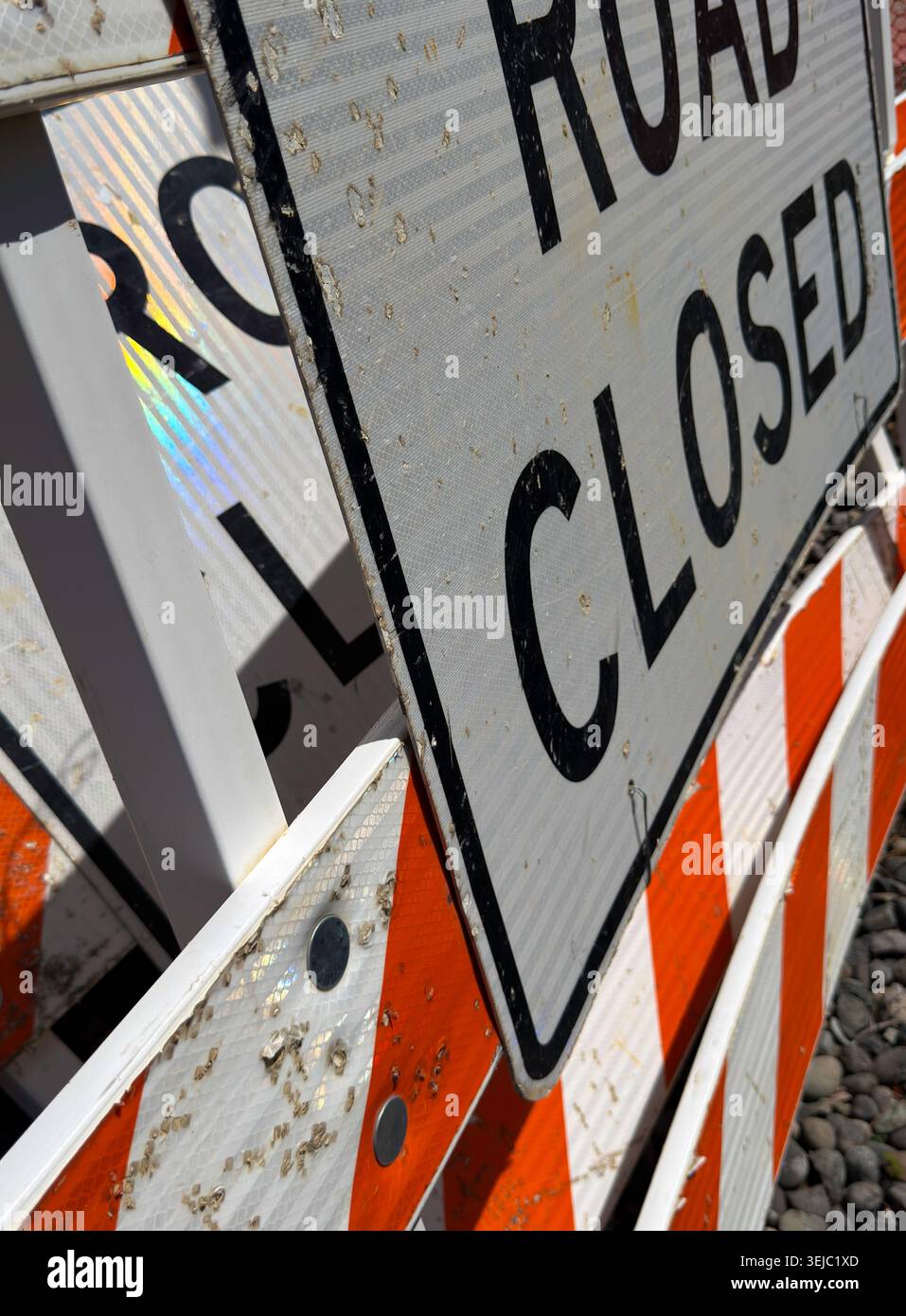 Used road signs folded stacked are ready in road work construction ...
