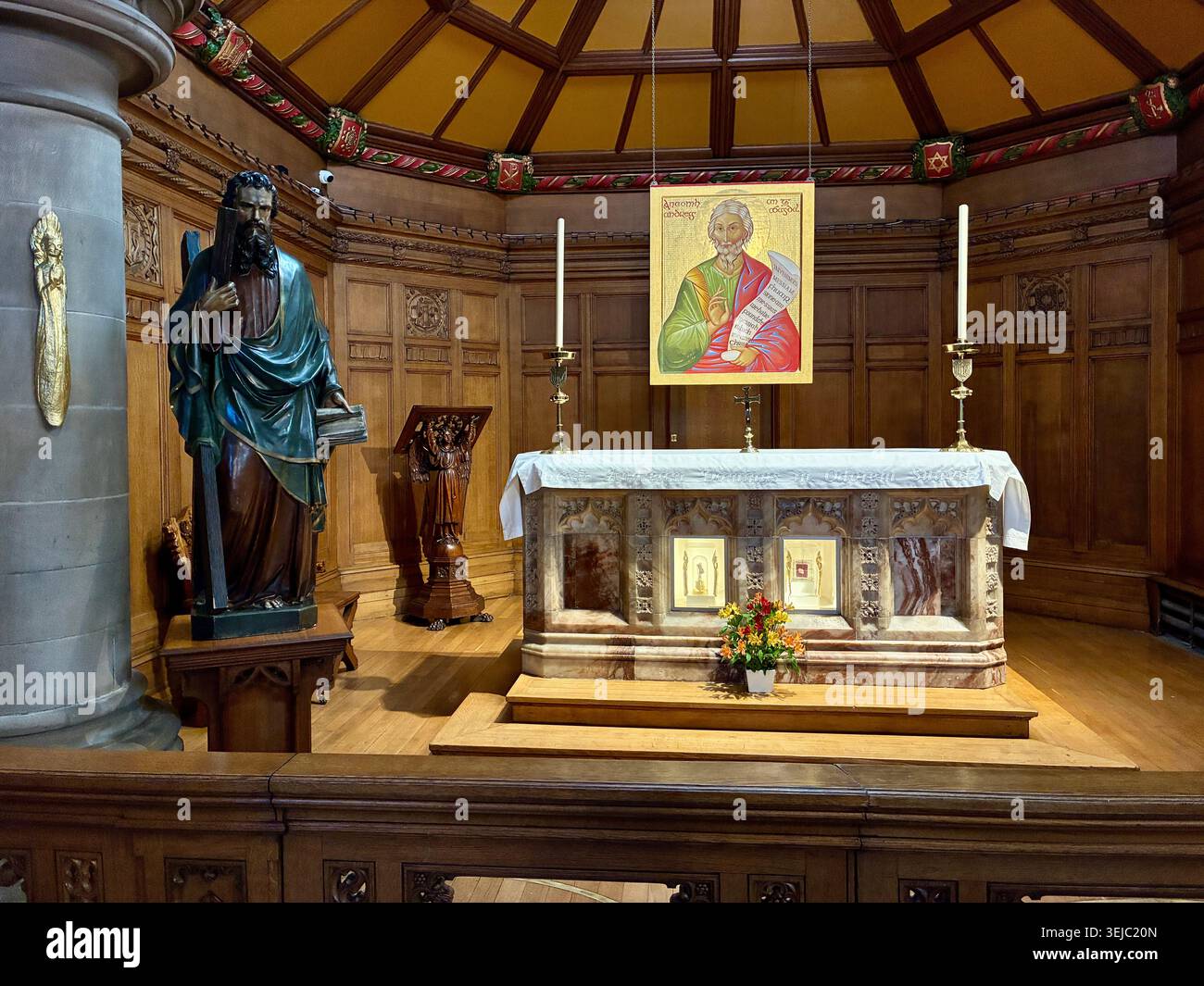 St Mary's Catholic Cathedral in Edinburgh Scotland - interior showing the National Shrine of St Andrew with relics - Smartphone Captured Stock Image