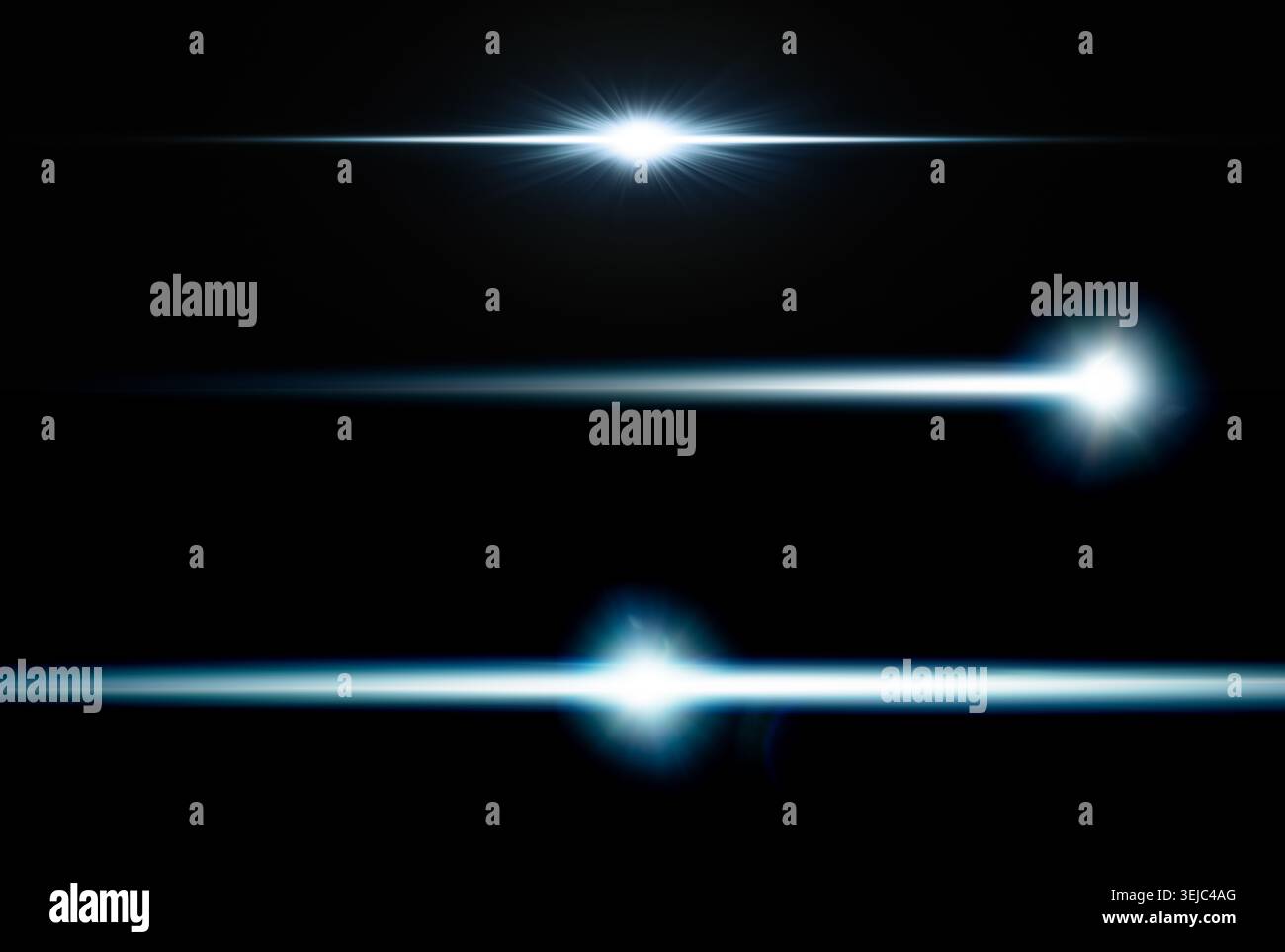 Set of three glowing cyan anamorphic lens flares and light streaks on black background Stock Photo