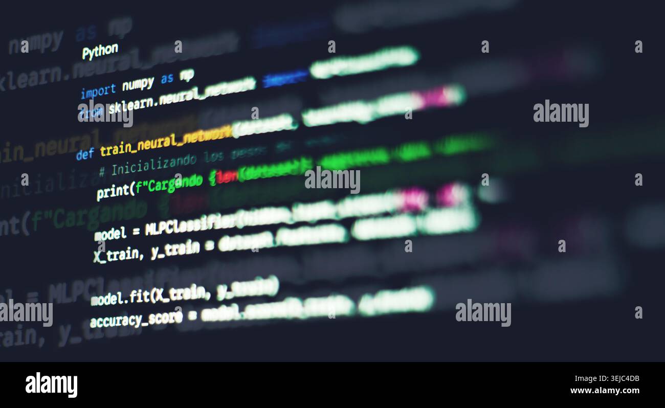 Python machine learning code with neural network syntax displayed on a dark monitor screen Stock Photo