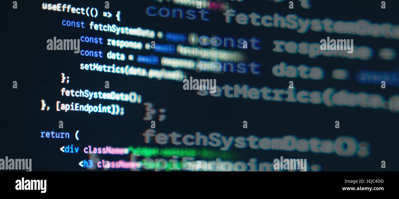 JavaScript React frontend code with fetch API syntax displayed on a dark monitor screen Stock Photo