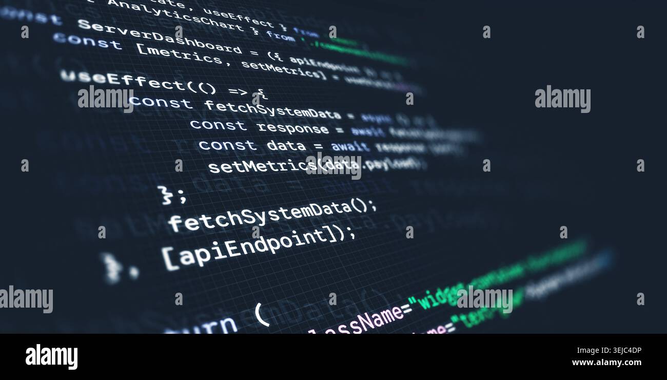 Close up of a computer screen displaying modern React JavaScript programming code with syntax highlighting Stock Photo