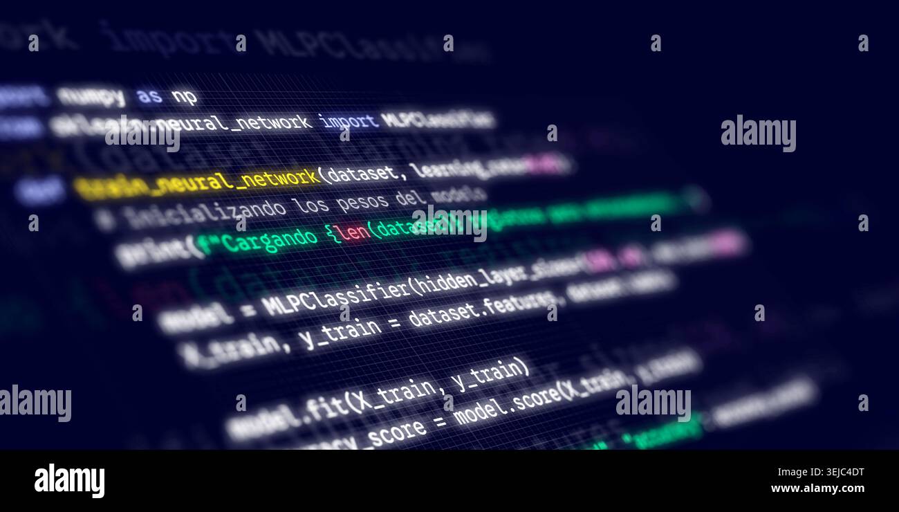 Close up of a computer screen showing Python machine learning code for a neural network using scikit learn Stock Photo