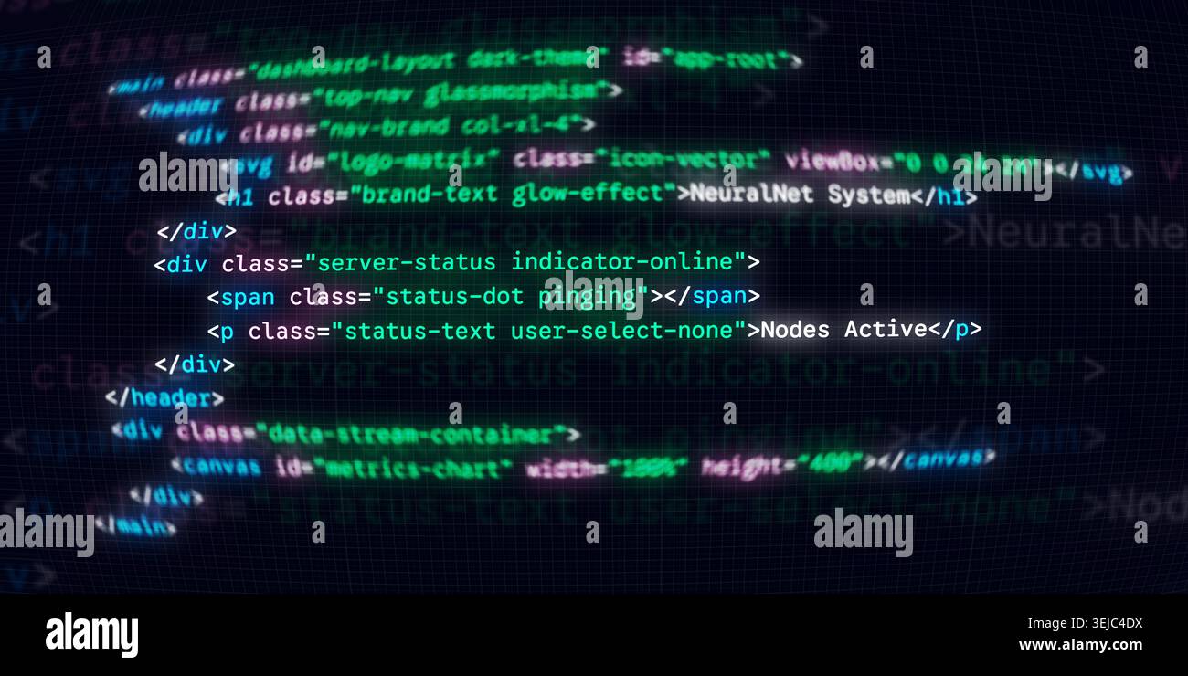 Abstract futuristic display of glowing programming code featuring neural network system and server status on a dark grid background Stock Photo