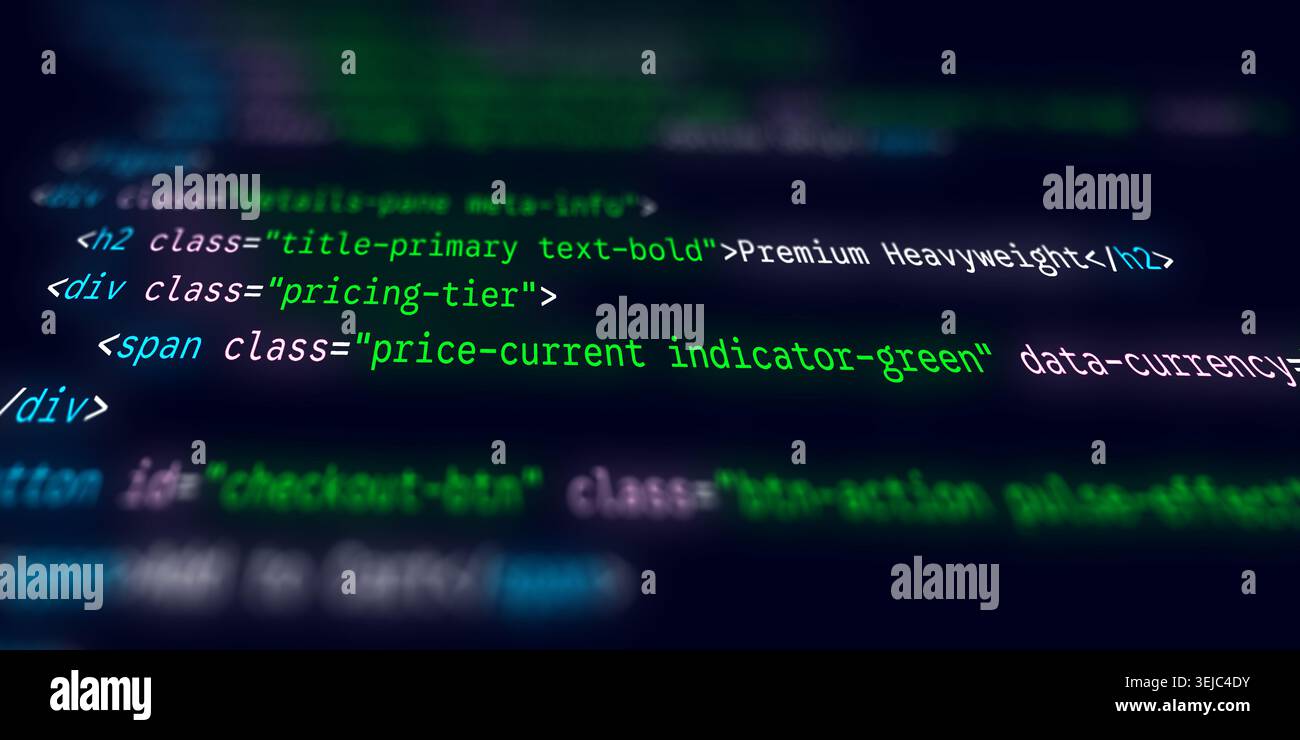 Illuminated code syntax showing e-commerce pricing tiers and a checkout button on a dark blurred background Stock Photo