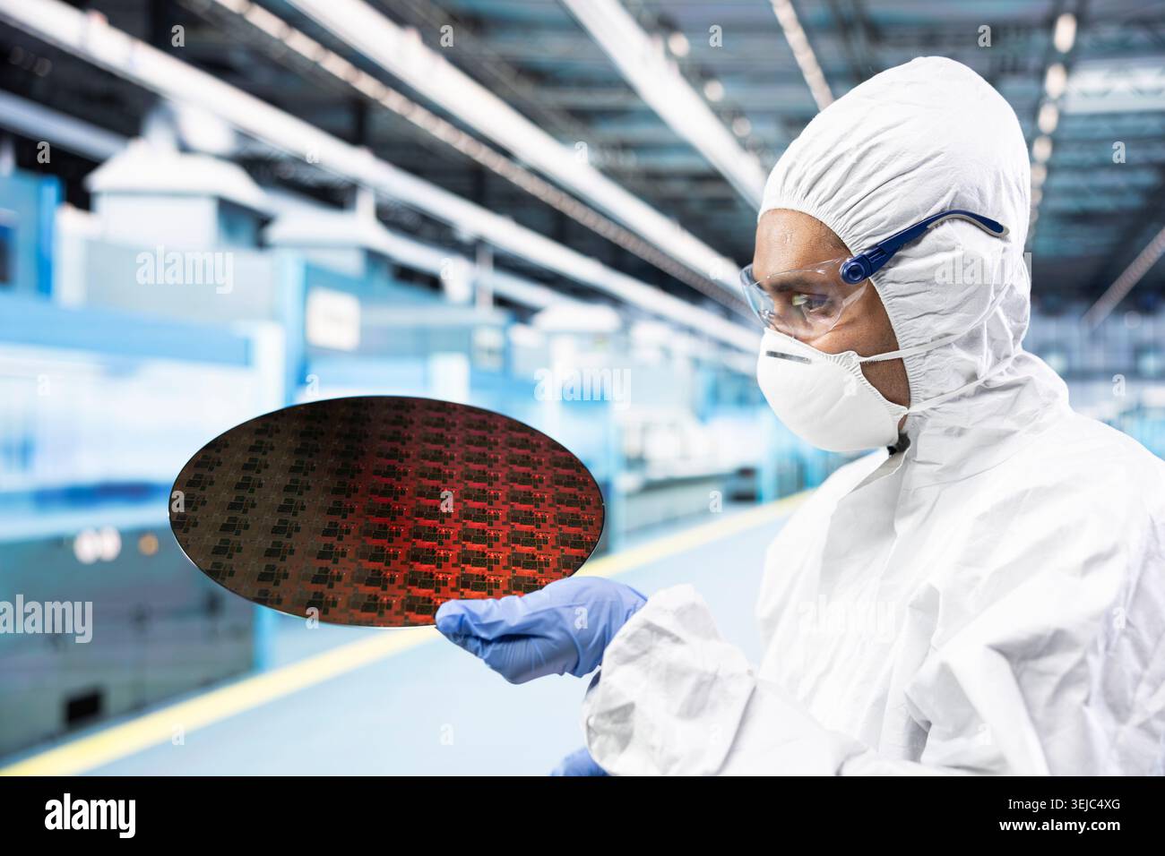 Cleanroom technician holding processed silicon wafer inside automated ...