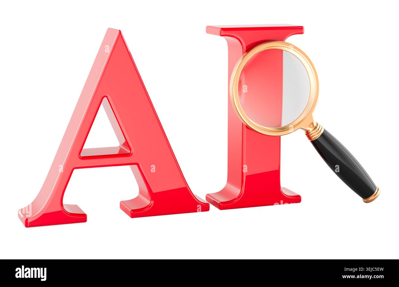 Artificial intelligence search with magnifying glass. 3D rendering isolated on white background Stock Photo