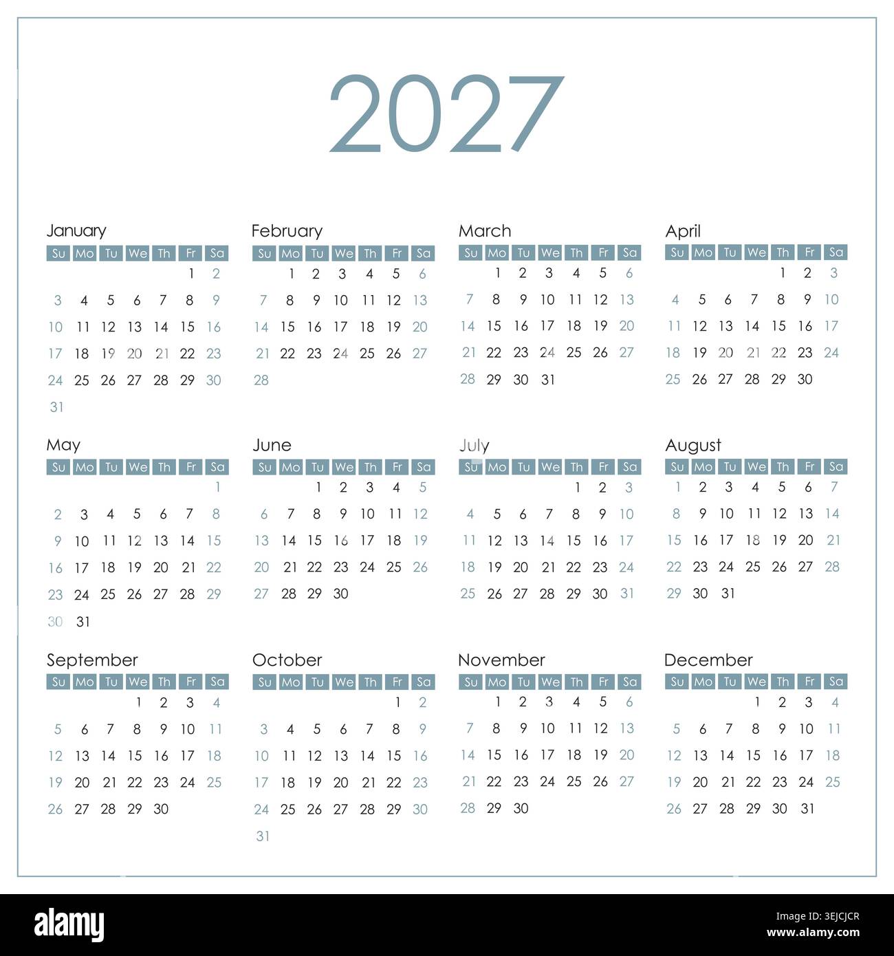 2027 calendar square composition. Week starts on Sunday. Vector design. Stock Vector