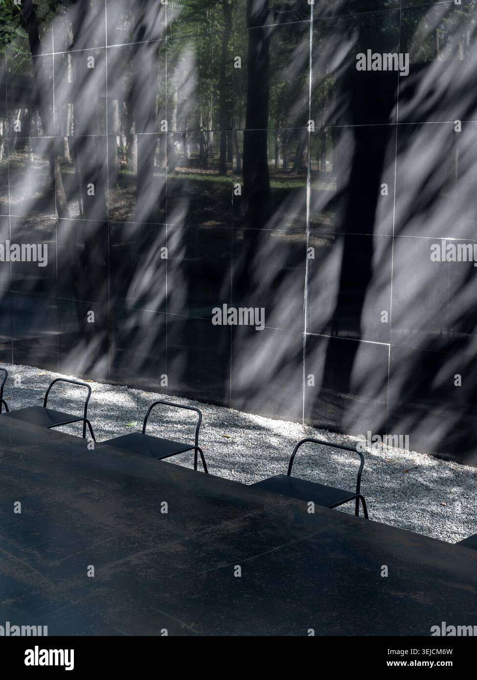 Outside View Reflection Modern outdoor architecture with black reflective wall, abstract light ...