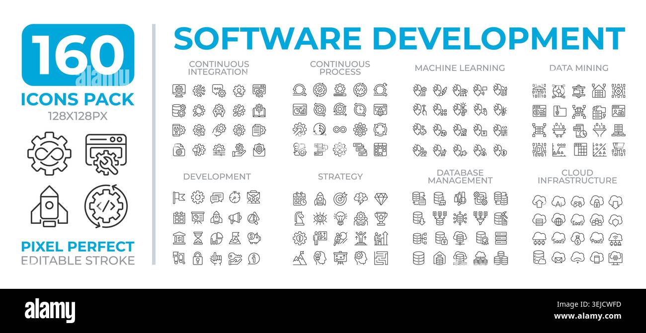 Software development line icons set collection Stock Vector