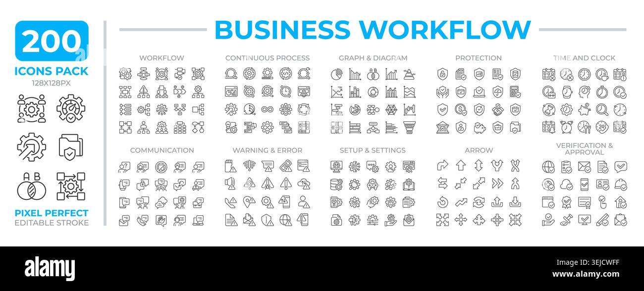 Business workflow line icons set collection Stock Vector