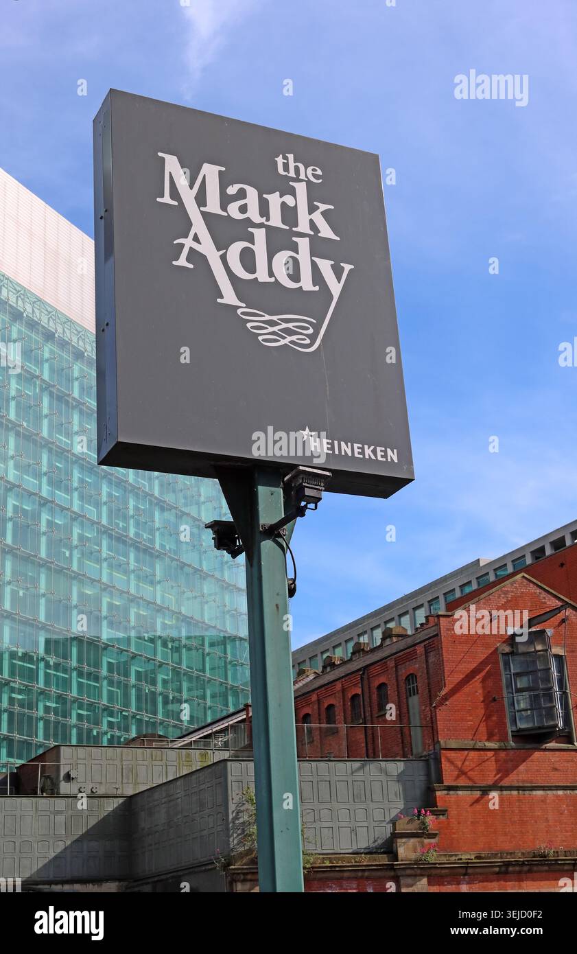 Old grey Heineken pub sign for the closed Mark Addy riverside pub beside the River Irwell on Stanley Street, Salford, Greater Manchester. Stock Photo