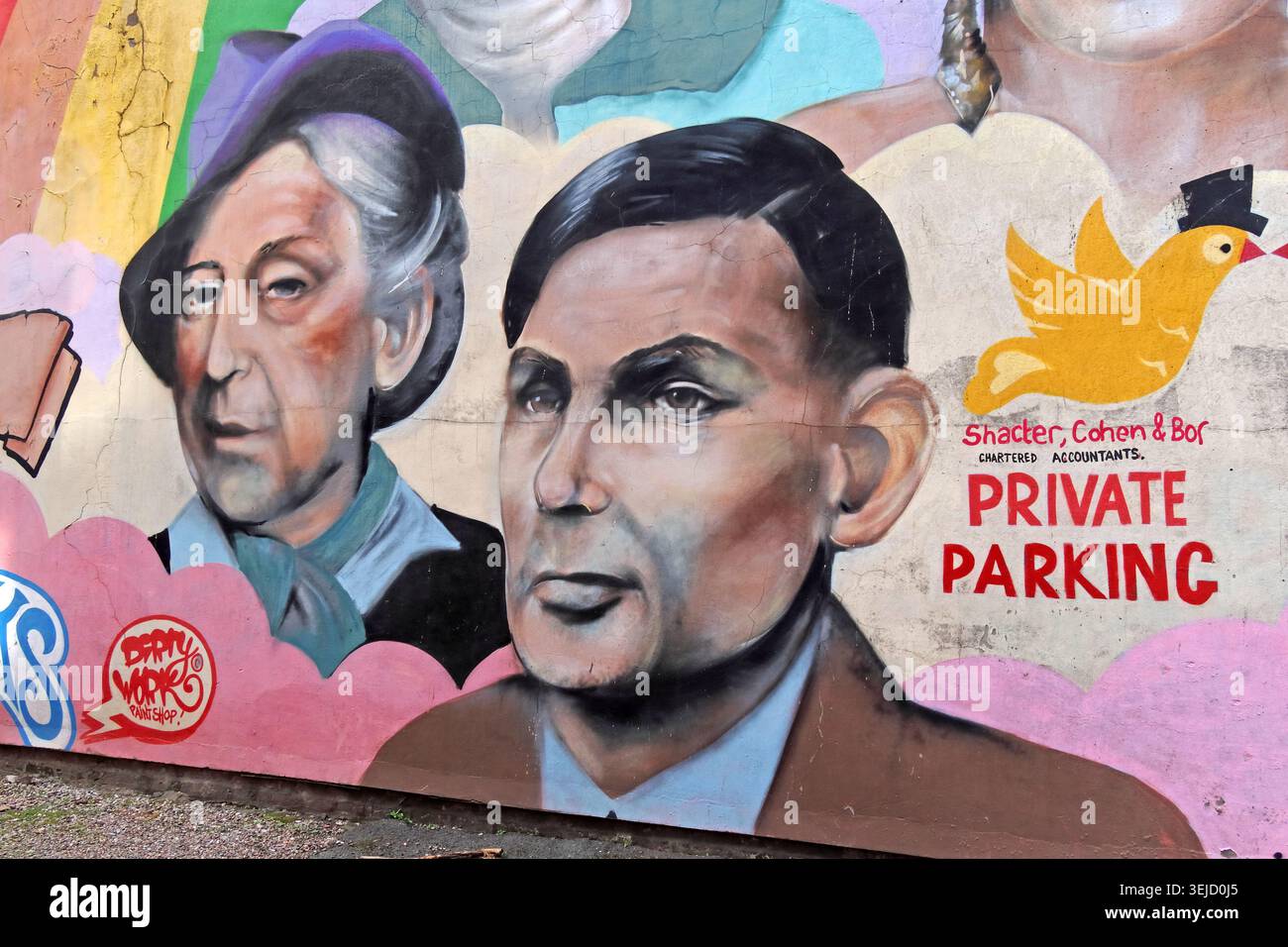 LGBTQ+ street art at The Molly House in Manchester, showing Alan Turing and Quentin Crisp in the Gay Village. Stock Photo