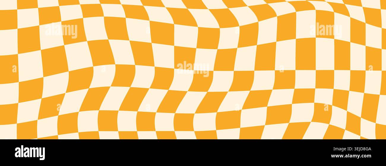 Checkerboard background, pattern grid. Retro psychedelic checkered wallpaper. Wavy groovy chessboard surface. Distorted geometric grid. Vector illustration Stock Vector