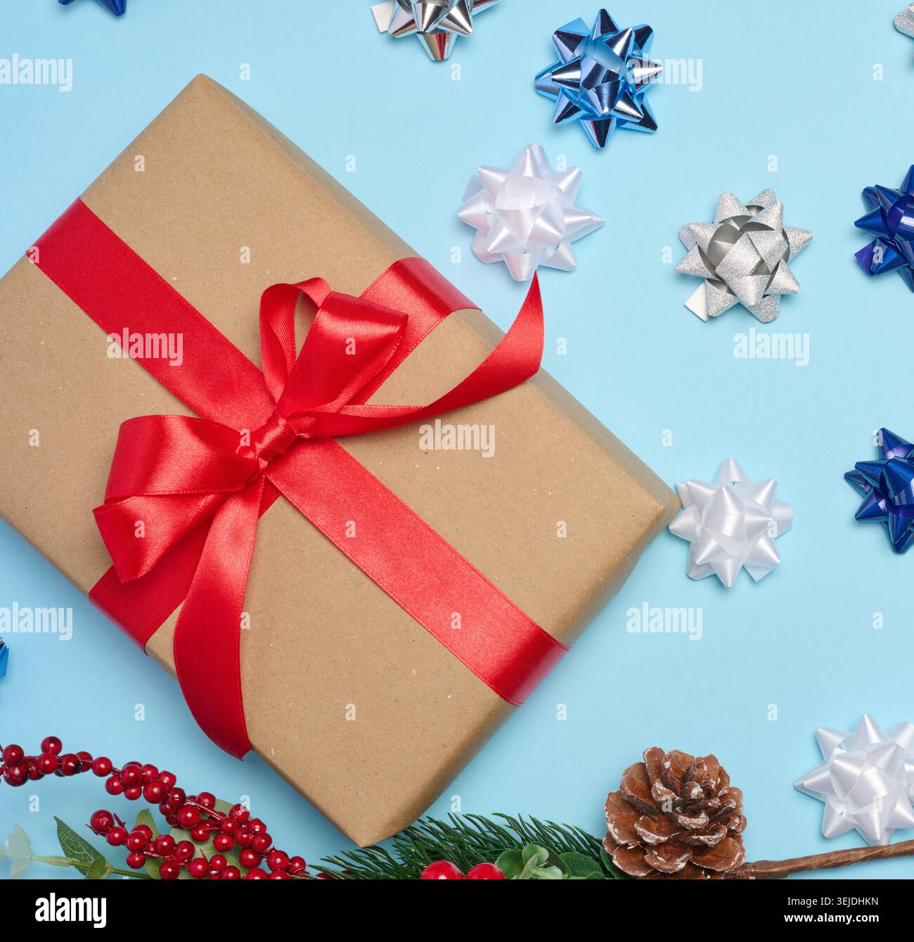 Decorative Christmas branch with red berries and pine cones on a blue background Stock Photo