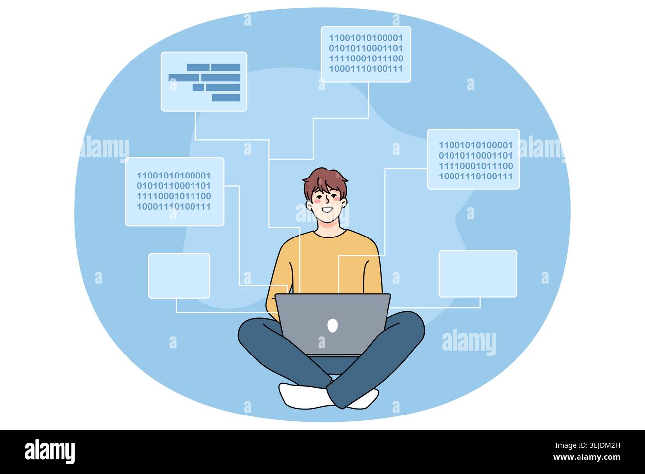 Smiling software engineer writing codes on computer Stock Photo