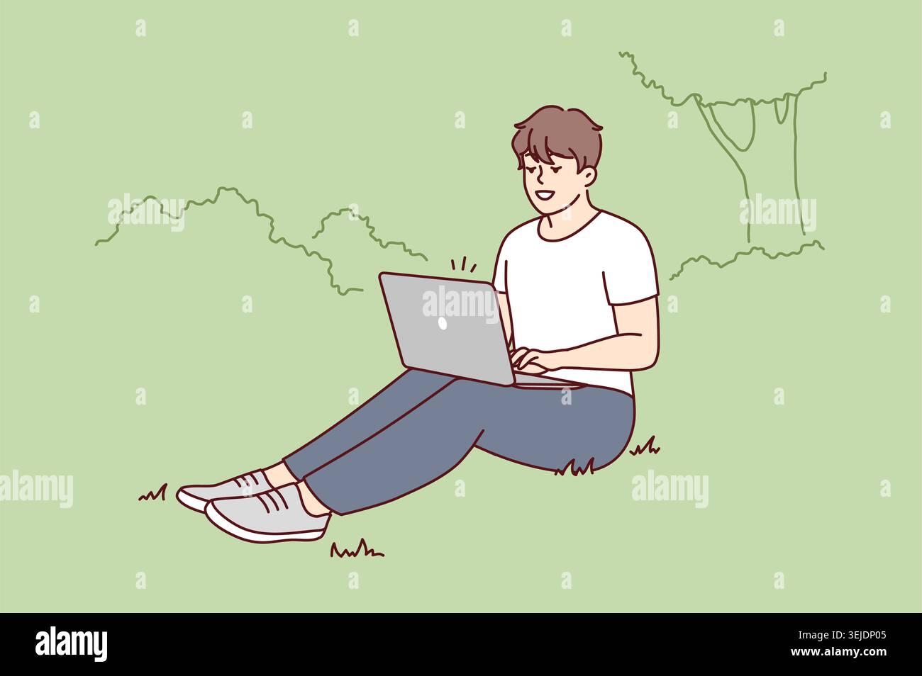 Smiling man sit in park work on laptop Stock Photo