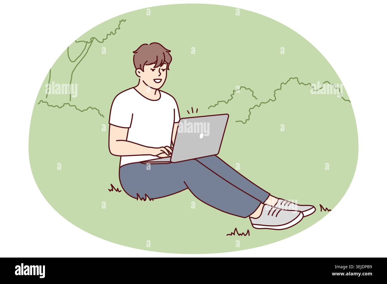 Smiling man sit in park work on laptop Stock Photo
