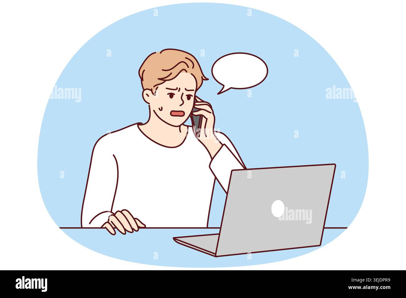 Unhappy man speak with helpline having computer problem Stock Photo
