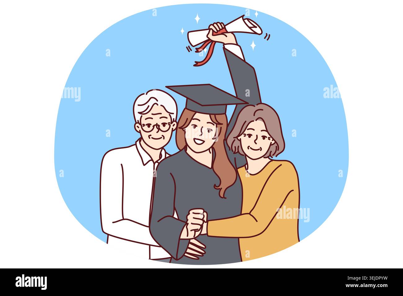 Happy elderly parents hug excited daughter in graduation mantle holding diploma. Smiling mature mom and dad embrace happy girl graduate from universit Stock Photo