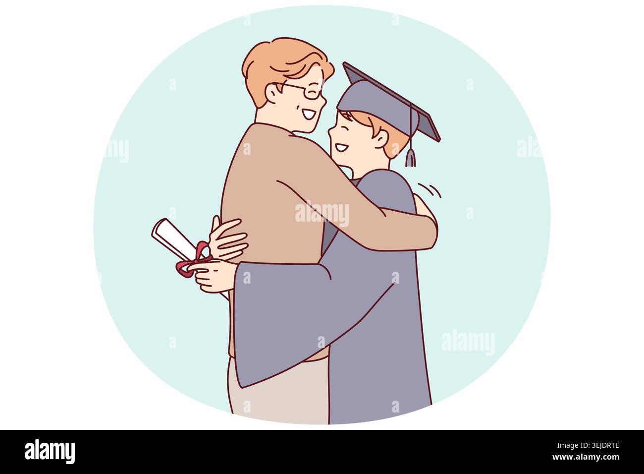 Young guy university graduate in academic robe hugs father after receiving diploma of higher education. Proud man with son during ceremony to mark end Stock Photo