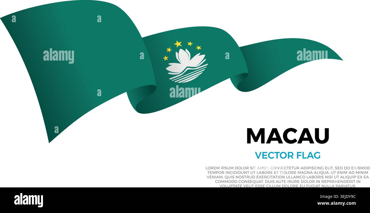 Flag of Macau. Macanese and Asian Culture. Set against a clean white background with country name and copy space. A shining vector flag rendered in th Stock Vector
