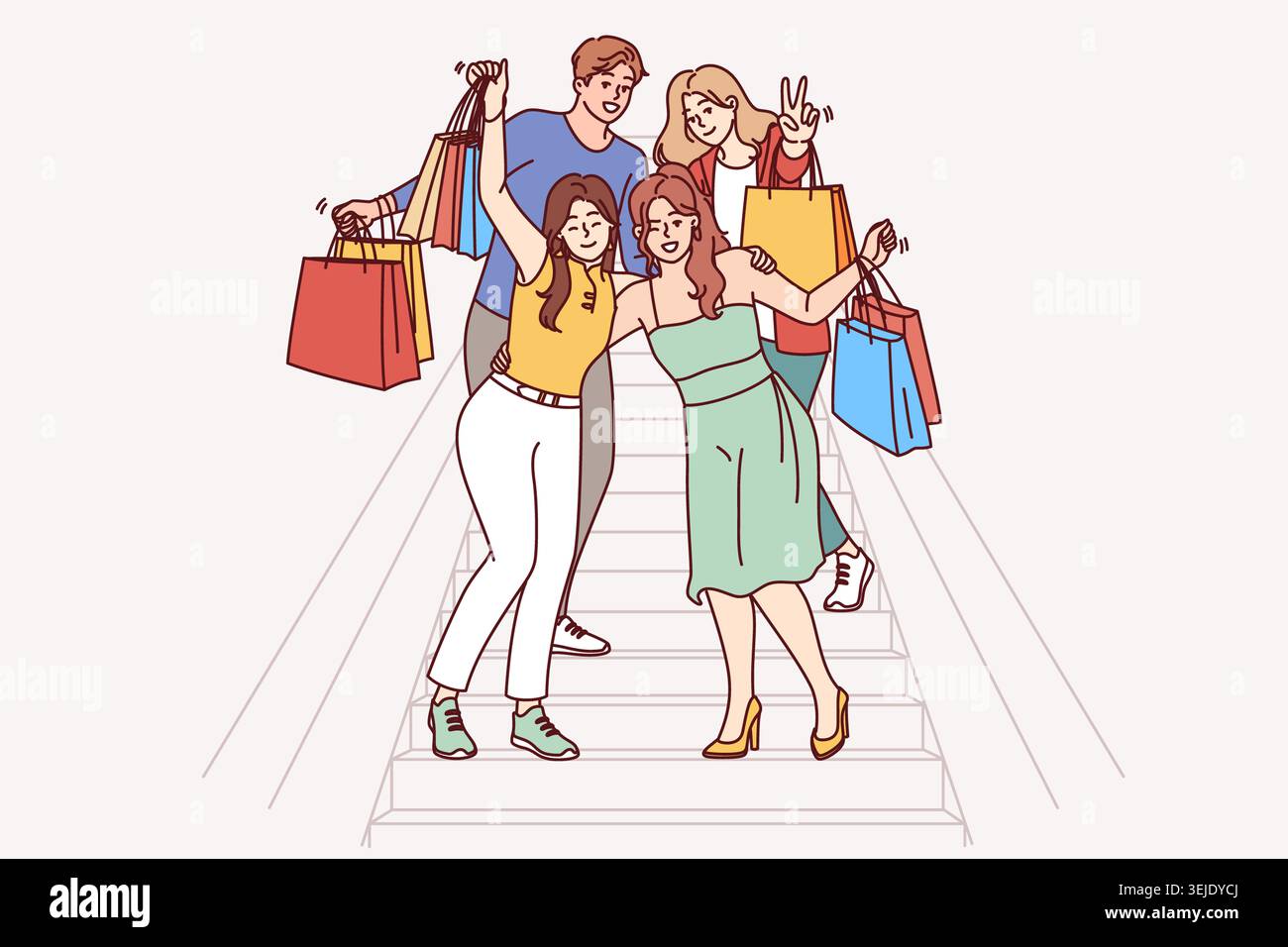 Group of shopaholics, mall buyers with multi-colored paper bags are standing on stairs Stock Photo