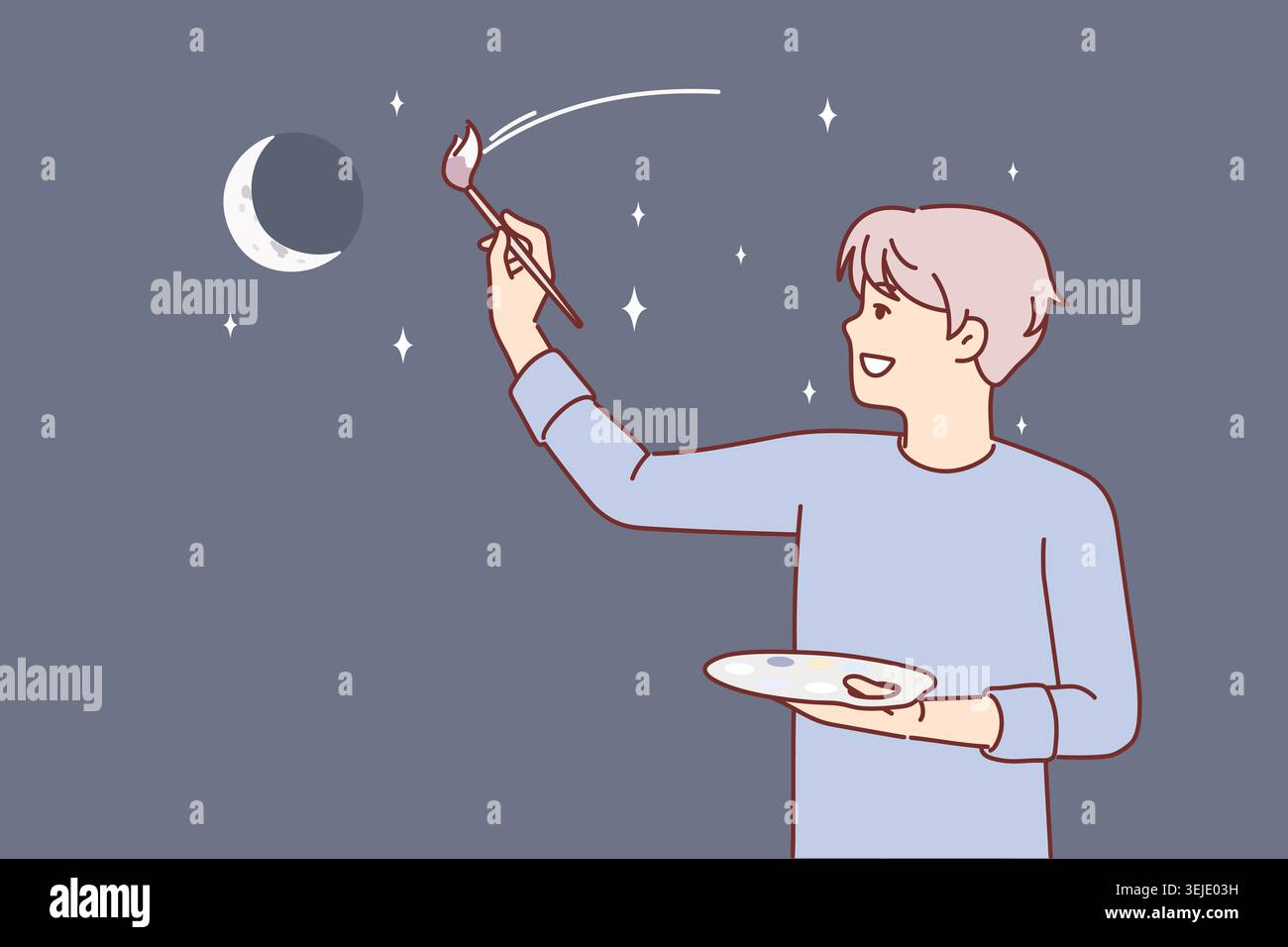 Man artist paints evening sky with moon and stars, dreaming of traveling around galaxy Stock Photo