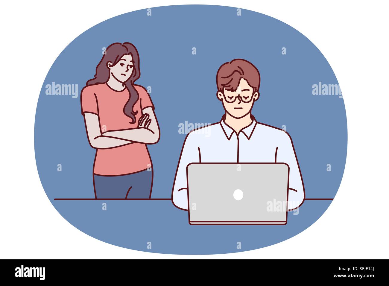 Frustrated woman near husband using laptop and suffering from internet addiction Stock Photo